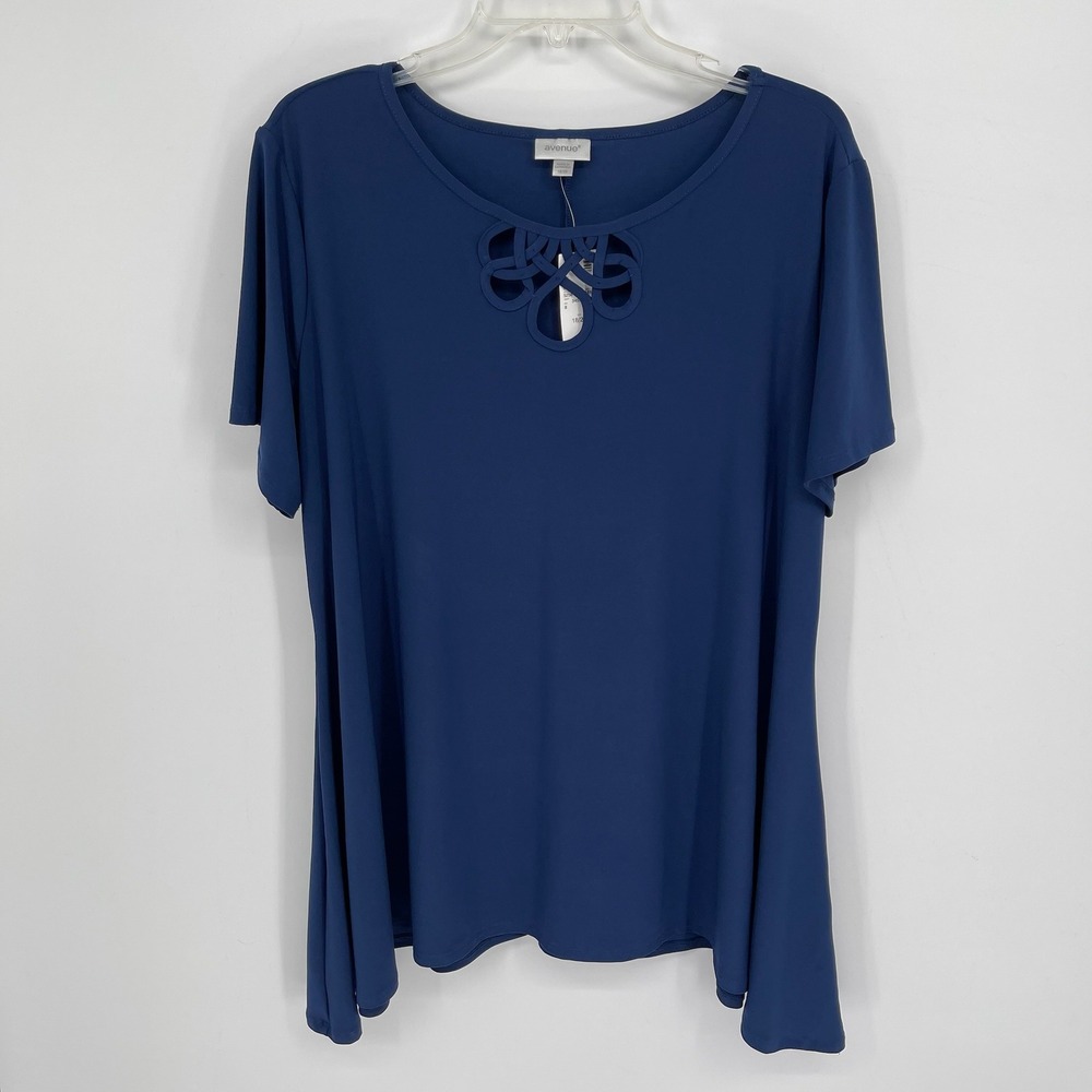 Avenue NWT Women's Blue Lattice Cutout‎ Stretch Short Sleeve Blouse Size 18-20